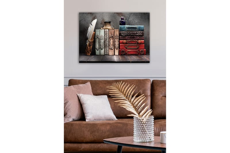 Canvas-taulu - Kokoelma antiikkikirjoja koristeellisilla selkämyksillä ja sulkakynällä - Tummanpunainen / Vihreä / Sininen - Sisustustuotteet - Taulu & taide - Canvas-taulu