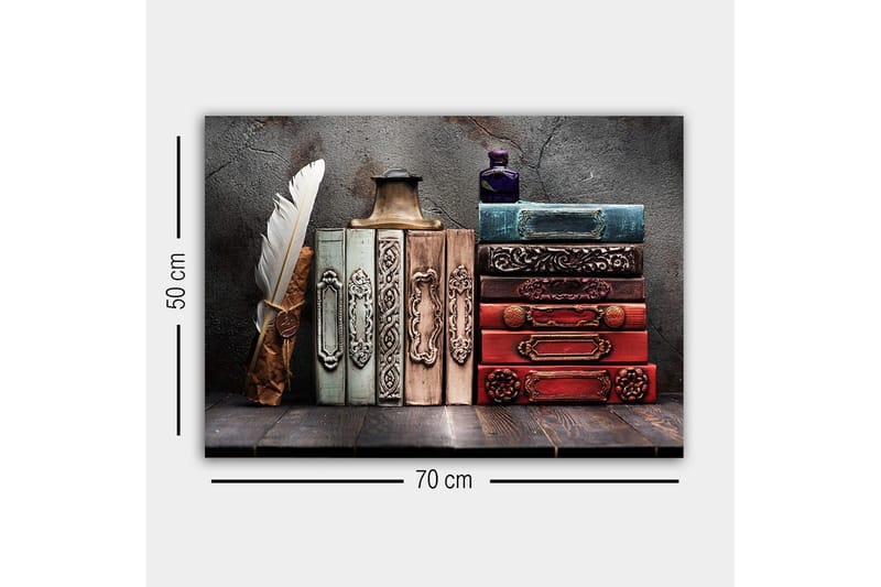 Canvas-taulu - Kokoelma antiikkikirjoja koristeellisilla selkämyksillä ja sulkakynällä - Tummanpunainen / Vihreä / Sininen - Sisustustuotteet - Taulu & taide - Canvas-taulu