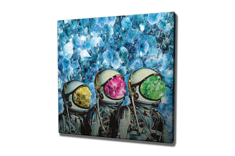 Canvas-taulu - Kolme astronauttia värikkäissä kypärissä kristallinkirkkaalla taustalla, Sininen / Vihreä / Vaaleanpunainen