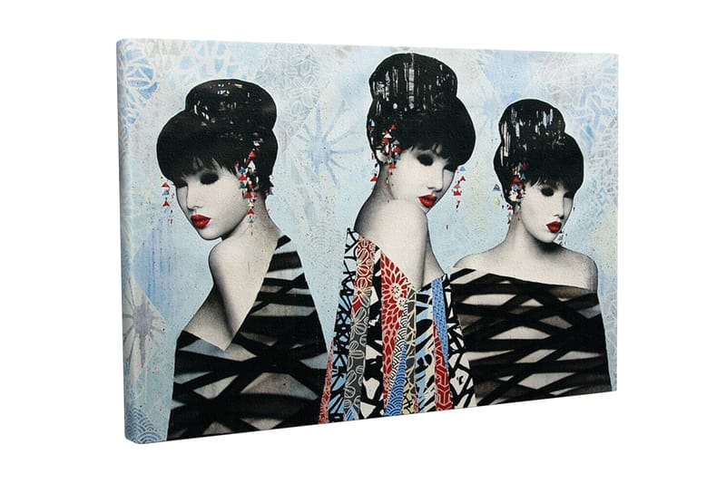 Canvas-taulu - Kolme tyyliteltyä naista tyylikkäissä kampauksissa ja värikkäissä vaatteissa, Musta / Punainen / Sininen