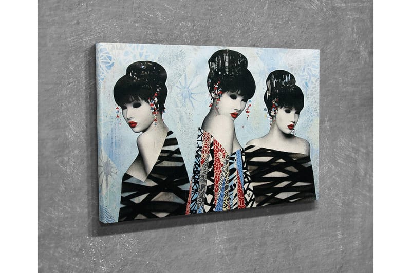 Canvas-taulu - Kolme tyyliteltyä naista tyylikkäissä kampauksissa ja värikkäissä vaatteissa - Musta / Punainen / Sininen - Sisustustuotteet - Taulu & taide - Canvas-taulu