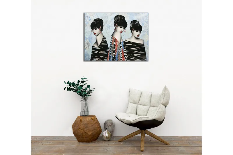 Canvas-taulu - Kolme tyyliteltyä naista tyylikkäissä kampauksissa ja värikkäissä vaatteissa - Musta / Punainen / Sininen - Sisustustuotteet - Taulu & taide - Canvas-taulu