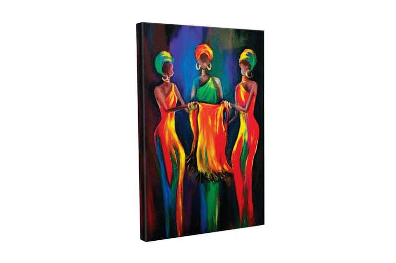 Canvas-taulu - Kolme värikkäissä mekoissa olevaa naista pitelevät yhdessä kangaspalaa, Punainen / Keltainen / Vihreä