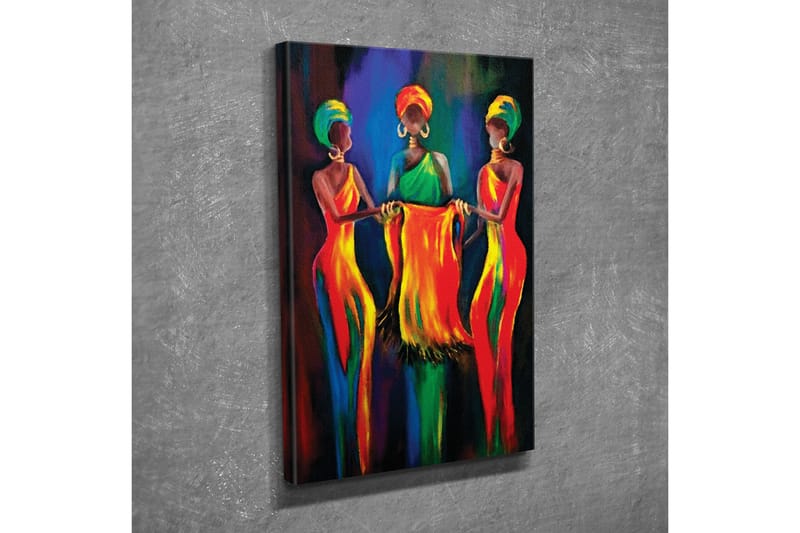 Canvas-taulu - Kolme värikkäissä mekoissa olevaa naista pitelevät yhdessä kangaspalaa - Punainen / Keltainen / Vihreä - Sisustustuotteet - Taulu & taide - Canvas-taulu