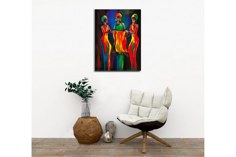 Canvas-taulu - Kolme värikkäissä mekoissa olevaa naista pitelevät yhdessä kangaspalaa - Punainen / Keltainen / Vihreä - Sisustustuotteet - Taulu & taide - Canvas-taulu