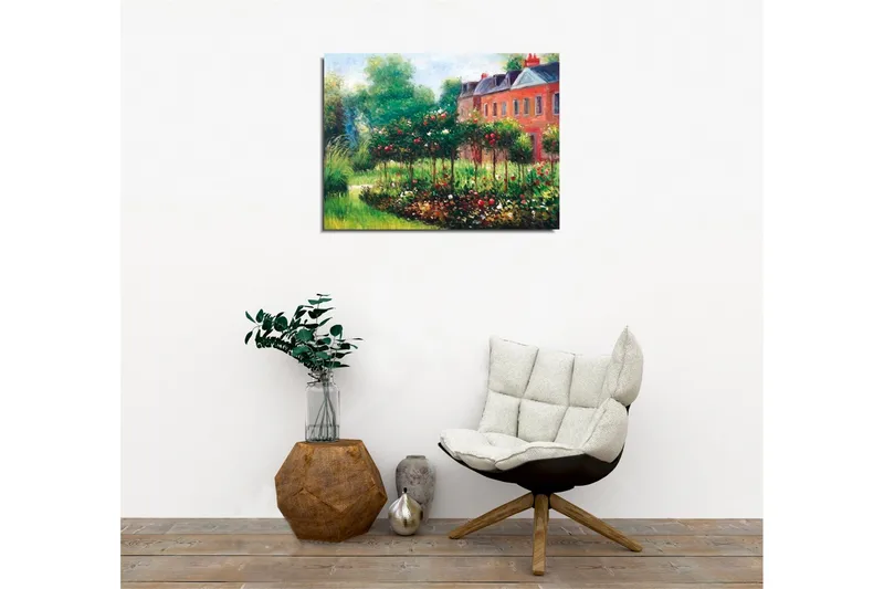 Canvas-taulu - Kukkiva puutarha ruusujen ja vihreiden pensaiden kanssa - Vihreä / Punainen / Ruskea - Sisustustuotteet - Taulu & taide - Canvas-taulu