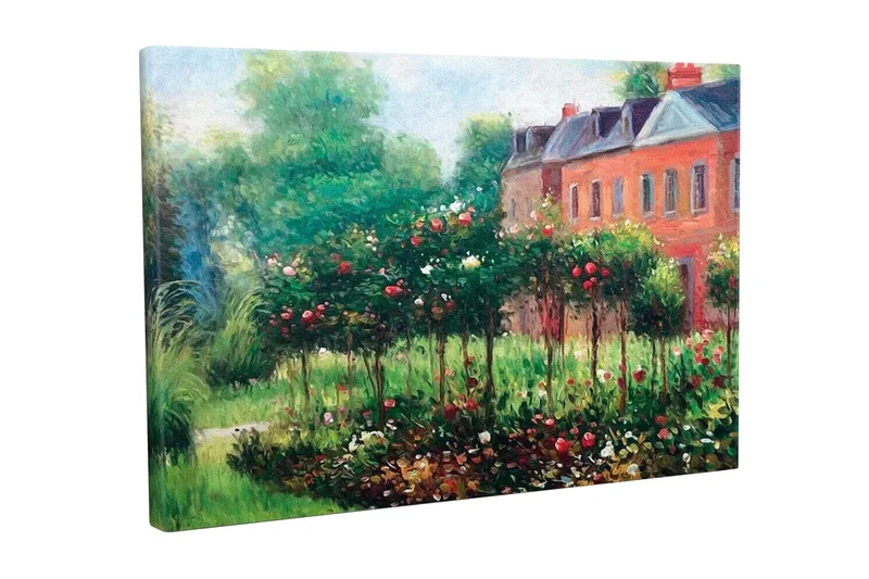 Canvas-taulu - Kukkiva puutarha ruusujen ja vihreiden pensaiden kanssa, Vihreä / Punainen / Ruskea