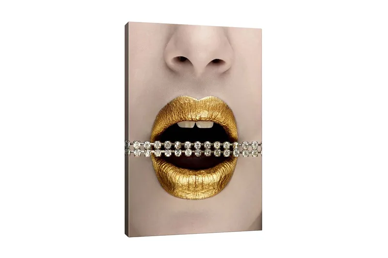 Canvas-taulu - Kultaiset huulet ja kimalteleva ketju hampaiden välissä, Kulta / Musta / Hopea