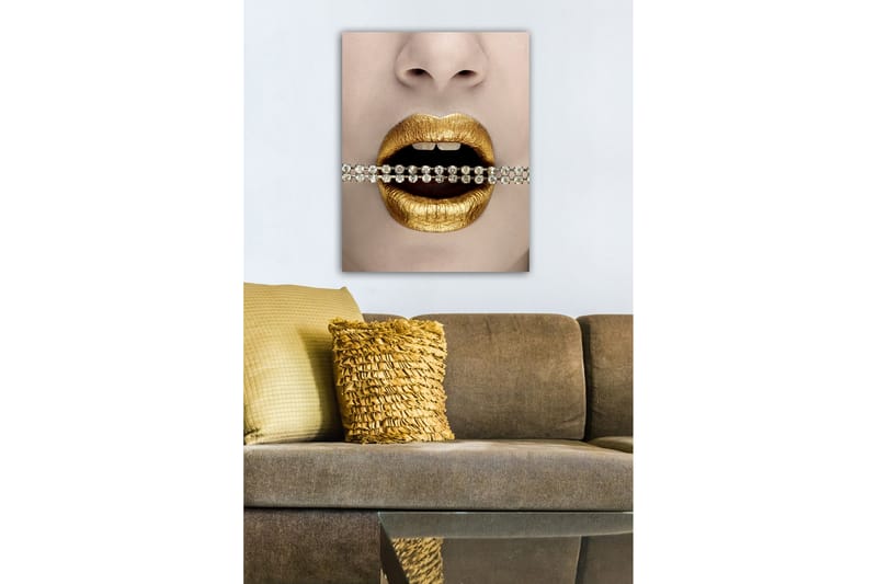 Canvas-taulu - Kultaiset huulet ja kimalteleva ketju hampaiden välissä - Kulta / Musta / Hopea - Sisustustuotteet - Taulu & taide - Canvas-taulu