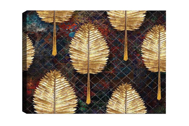 Canvas-taulu - Kultaiset lehdet kuviollisessa asetelmassa, Kulta / Tummansininen / Vihreä