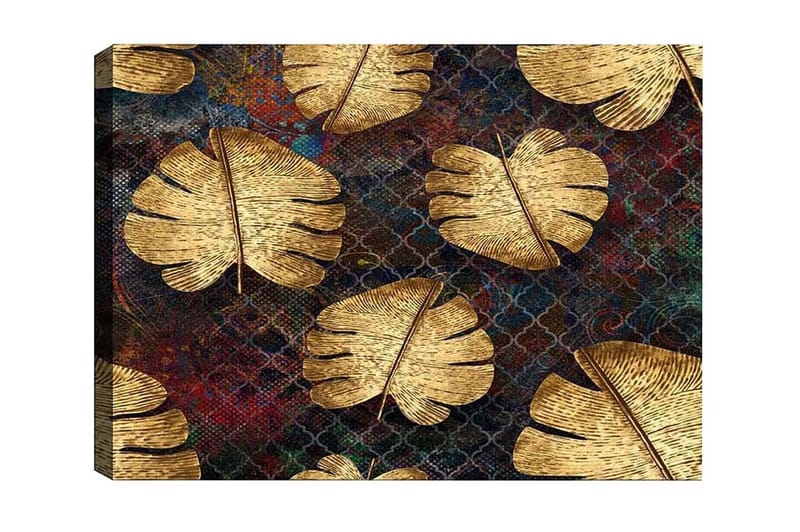 Canvas-taulu - Kultaiset monsteran lehdet tummaa taustaa vasten, Kulta / Tummansininen / Punainen
