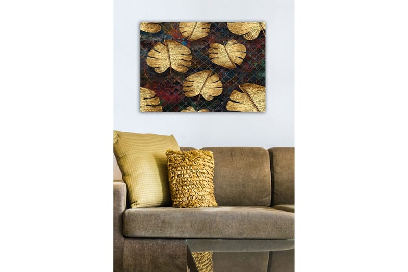 Canvas-taulu - Kultaiset monsteran lehdet tummaa taustaa vasten - Kulta / Tummansininen / Punainen - Sisustustuotteet - Taulu & taide - Canvas-taulu