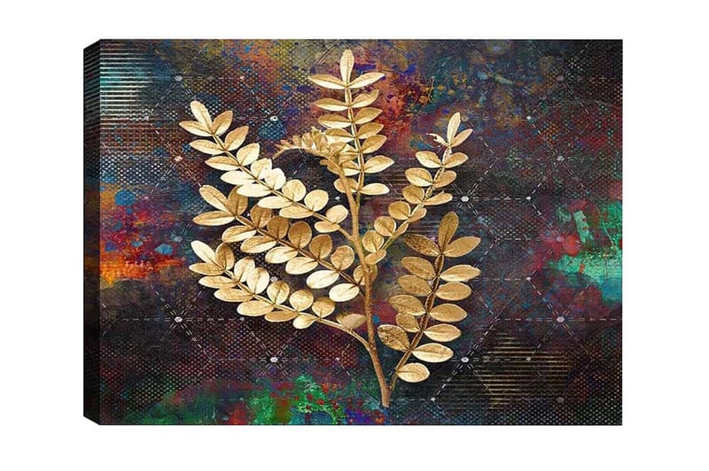 Canvas-taulu - Kultaisia lehtien oksia värikästä taustaa vasten, Kulta / Tummansininen / Vihreä