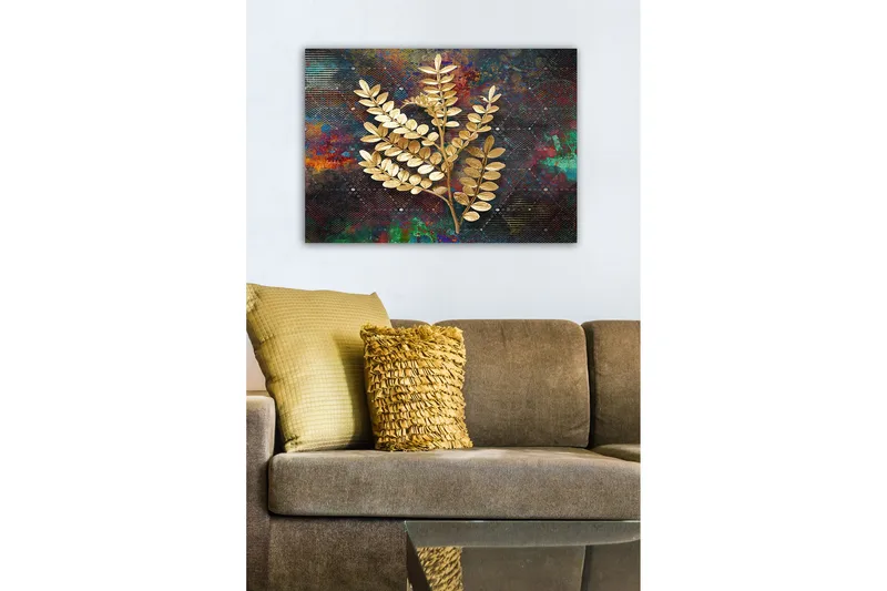 Canvas-taulu - Kultaisia lehtien oksia värikästä taustaa vasten - Kulta / Tummansininen / Vihreä - Sisustustuotteet - Taulu & taide - Canvas-taulu