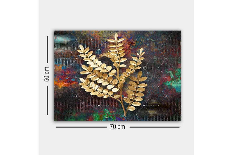 Canvas-taulu - Kultaisia lehtien oksia värikästä taustaa vasten - Kulta / Tummansininen / Vihreä - Sisustustuotteet - Taulu & taide - Canvas-taulu