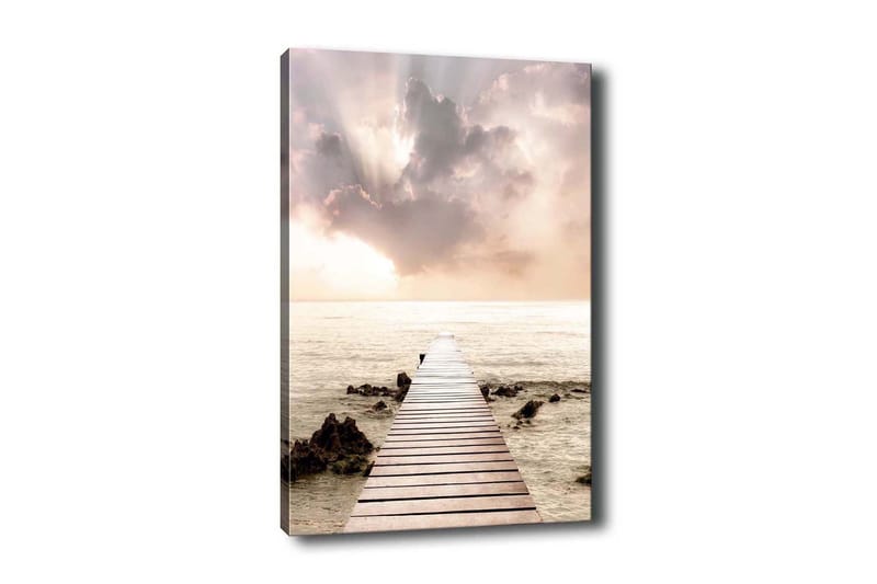 Canvas-taulu - Laituri levittäytyy meren ylle kirkkaan taivaan alla, Vaaleanpunainen / Beige / Harmaa