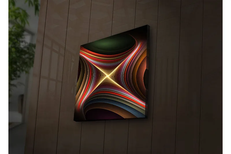 Canvas-taulu LED-valaistuksella 28x28 cm - Abstrakti sommitelma aaltoilevilla muodoilla ja kirkkailla viivoilla - Tummanvihreä / Punainen / Kulta - Sisustustuotteet - Taulu & taide - Canvas-taulu