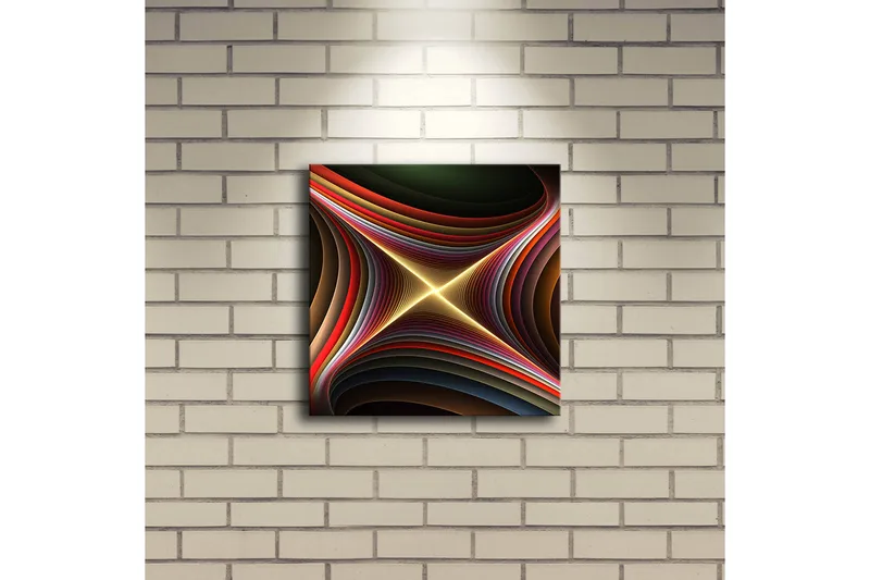 Canvas-taulu LED-valaistuksella 28x28 cm - Abstrakti sommitelma aaltoilevilla muodoilla ja kirkkailla viivoilla - Tummanvihreä / Punainen / Kulta - Sisustustuotteet - Taulu & taide - Canvas-taulu