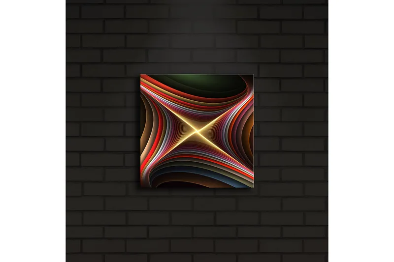 Canvas-taulu LED-valaistuksella 28x28 cm - Abstrakti sommitelma aaltoilevilla muodoilla ja kirkkailla viivoilla - Tummanvihreä / Punainen / Kulta - Sisustustuotteet - Taulu & taide - Canvas-taulu
