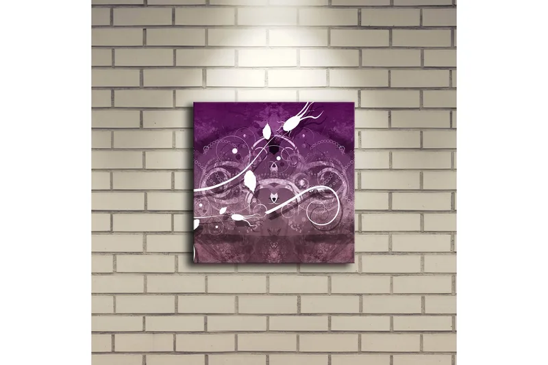 Canvas-taulu LED-valaistuksella 28x28 cm - Abstrakti sommitelma heiluvilla linjoilla ja kukka-aiheilla - Violetti / Valkoinen - Sisustustuotteet - Taulu & taide - Canvas-taulu