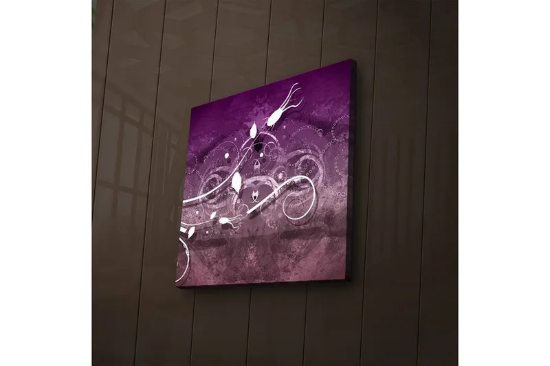 Canvas-taulu LED-valaistuksella 28x28 cm - Abstrakti sommitelma heiluvilla linjoilla ja kukka-aiheilla, Violetti / Valkoinen