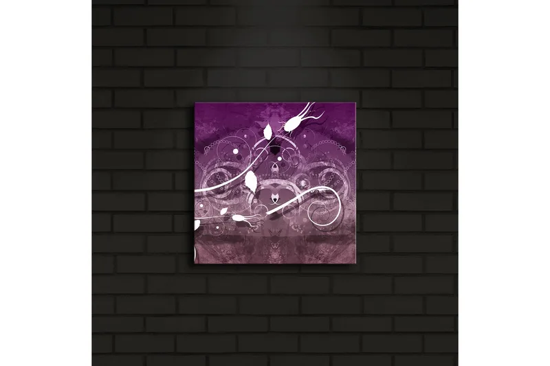 Canvas-taulu LED-valaistuksella 28x28 cm - Abstrakti sommitelma heiluvilla linjoilla ja kukka-aiheilla - Violetti / Valkoinen - Sisustustuotteet - Taulu & taide - Canvas-taulu