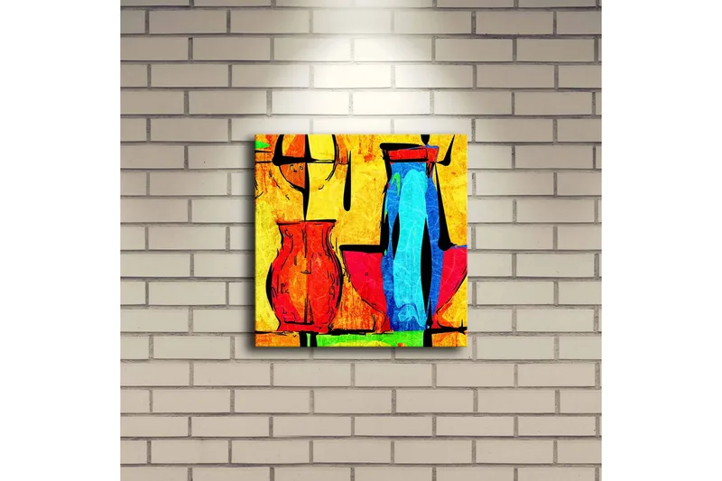 Canvas-taulu LED-valaistuksella 28x28 cm - Abstrakti sommitelma ruukuilla ja geometrisilla muodoilla - Keltainen / Punainen / Sininen - Sisustustuotteet - Taulu & taide - Canvas-taulu