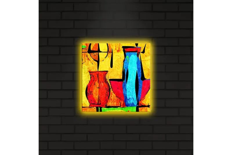 Canvas-taulu LED-valaistuksella 28x28 cm - Abstrakti sommitelma ruukuilla ja geometrisilla muodoilla - Keltainen / Punainen / Sininen - Sisustustuotteet - Taulu & taide - Canvas-taulu