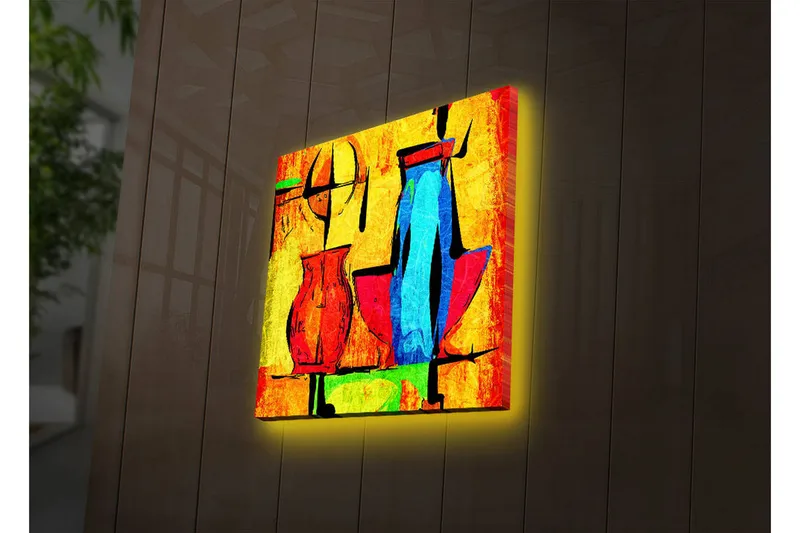 Canvas-taulu LED-valaistuksella 28x28 cm - Abstrakti sommitelma ruukuilla ja geometrisilla muodoilla, Keltainen / Punainen / Sininen