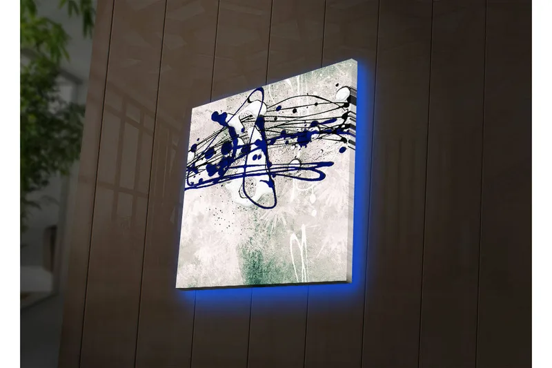 Canvas-taulu LED-valaistuksella 28x28 cm - Abstrakti sommitelma sinisillä ja mustilla viivoilla vaalealla taustalla, Sininen / Musta / Vihreä