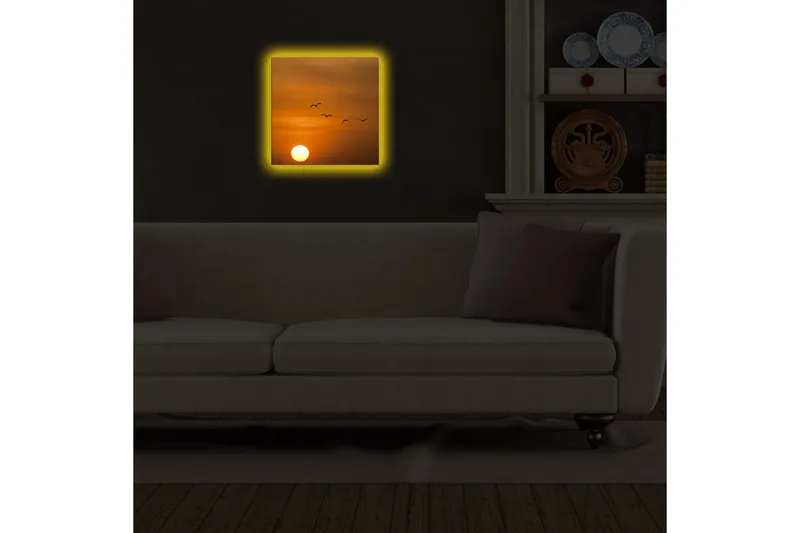 Canvas-taulu LED-valaistuksella 28x28 cm - Auringonlasku lentävien lintujen kanssa - Oranssi / Keltainen / Musta - Sisustustuotteet - Taulu & taide - Canvas-taulu