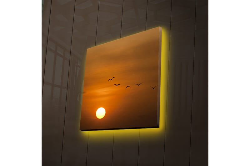 Canvas-taulu LED-valaistuksella 28x28 cm - Auringonlasku lentävien lintujen kanssa, Oranssi / Keltainen / Musta