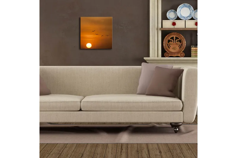 Canvas-taulu LED-valaistuksella 28x28 cm - Auringonlasku lentävien lintujen kanssa - Oranssi / Keltainen / Musta - Sisustustuotteet - Taulu & taide - Canvas-taulu