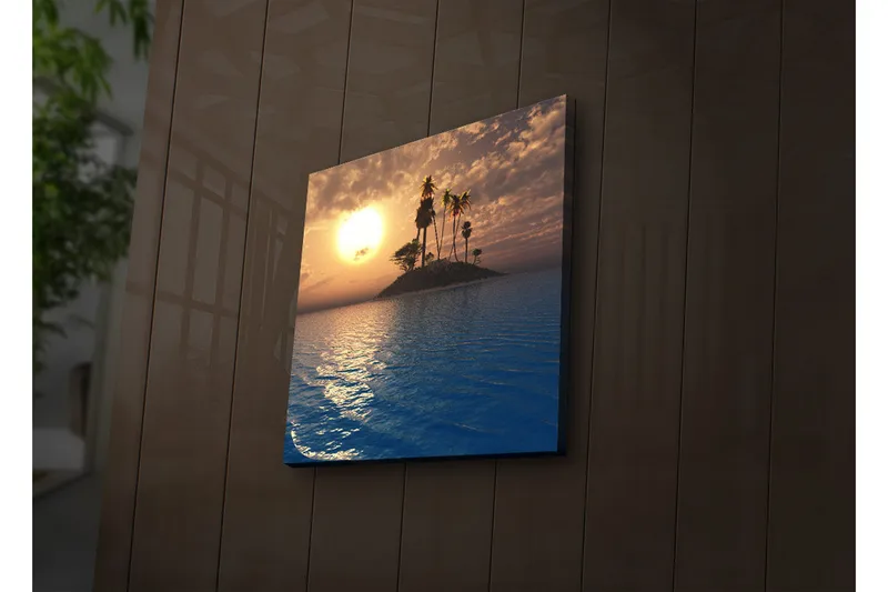 Canvas-taulu LED-valaistuksella 28x28 cm - Auringonlasku trooppisen saaren ja palmujen yllä, Sininen / Oranssi / Vihreä