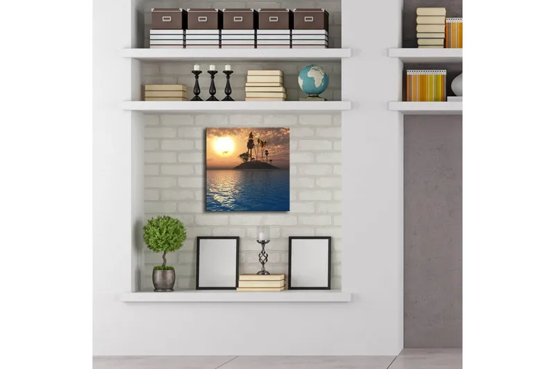 Canvas-taulu LED-valaistuksella 28x28 cm - Auringonlasku trooppisen saaren ja palmujen yllä - Sininen / Oranssi / Vihreä - Sisustustuotteet - Taulu & taide - Canvas-taulu