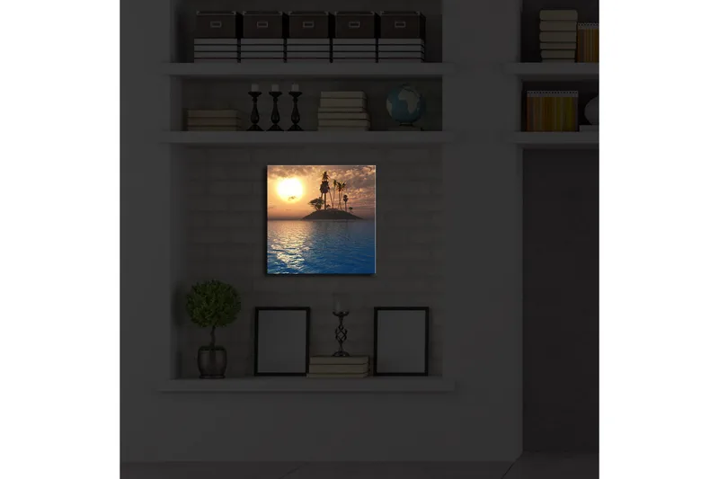 Canvas-taulu LED-valaistuksella 28x28 cm - Auringonlasku trooppisen saaren ja palmujen yllä - Sininen / Oranssi / Vihreä - Sisustustuotteet - Taulu & taide - Canvas-taulu