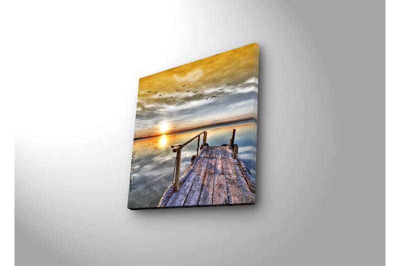 Canvas-taulu LED-valaistuksella 28x28 cm - Auringonlasku tyynen järven yllä, etualalla puinen laituri - Kulta / Sininen / Harmaa - Sisustustuotteet - Taulu & taide - Canvas-taulu