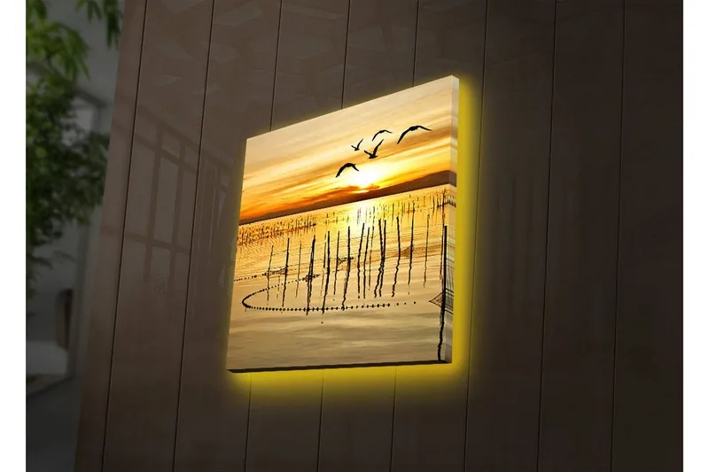 Canvas-taulu LED-valaistuksella 28x28 cm - Auringonlasku tyynen veden yllä lennossa olevien lintujen kanssa - Kulta / Oranssi / Ruskea - Sisustustuotteet - Taulu & taide - Canvas-taulu