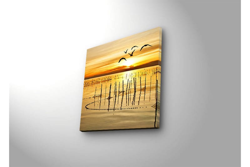 Canvas-taulu LED-valaistuksella 28x28 cm - Auringonlasku tyynen veden yllä lennossa olevien lintujen kanssa - Kulta / Oranssi / Ruskea - Sisustustuotteet - Taulu & taide - Canvas-taulu