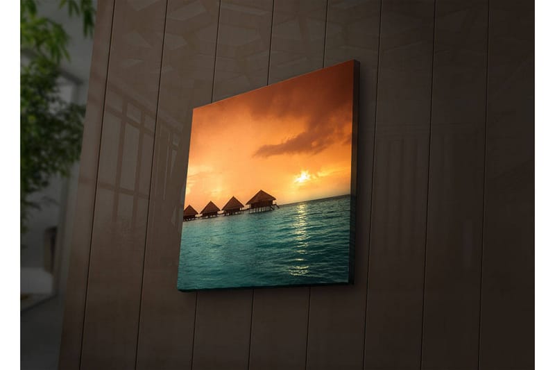 Canvas-taulu LED-valaistuksella 28x28 cm - Auringonlasku Tyynenmeren yllä veden päällä olevalla talolla, Oranssi / Turkoosi
