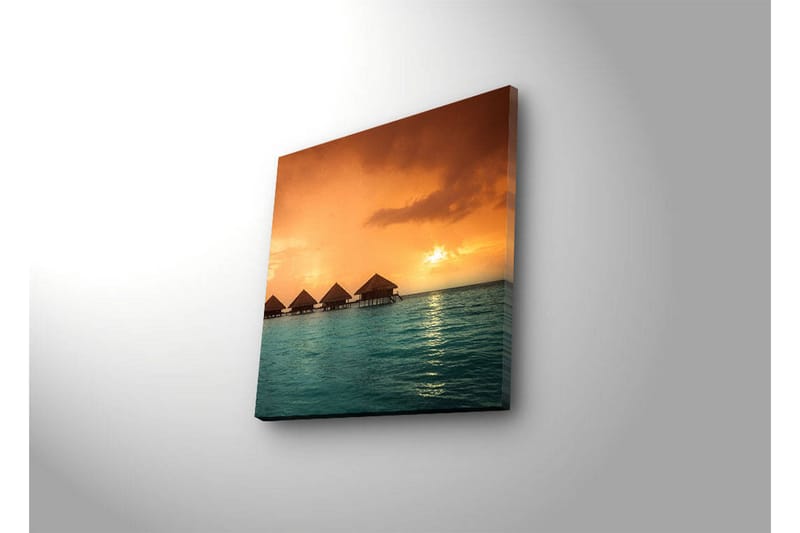 Canvas-taulu LED-valaistuksella 28x28 cm - Auringonlasku Tyynenmeren yllä veden päällä olevalla talolla - Oranssi / Turkoosi - Sisustustuotteet - Taulu & taide - Canvas-taulu