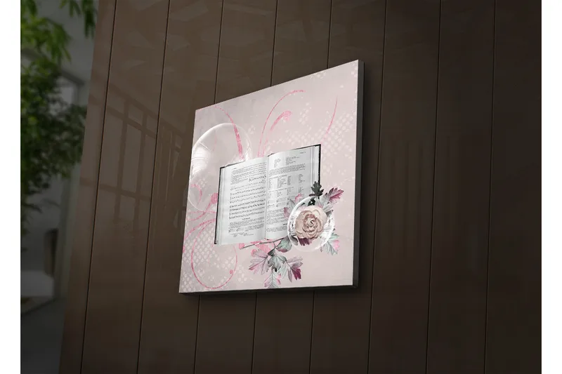 Canvas-taulu LED-valaistuksella 28x28 cm - Avoin kirja kukilla ja abstrakteilla kuvioilla, Vaaleanpunainen / Vihreä / Valkoinen