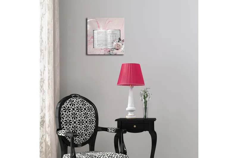 Canvas-taulu LED-valaistuksella 28x28 cm - Avoin kirja kukilla ja abstrakteilla kuvioilla - Vaaleanpunainen / Vihreä / Valkoinen - Sisustustuotteet - Taulu & taide - Canvas-taulu