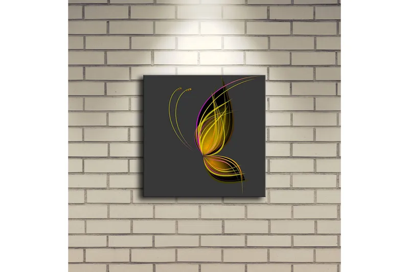 Canvas-taulu LED-valaistuksella 28x28 cm - Elegantti perhonen abstrakteilla viivoilla - Kulta / Violetti / Musta - Sisustustuotteet - Taulu & taide - Canvas-taulu