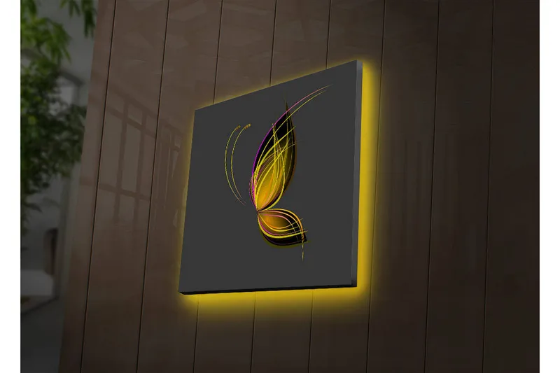 Canvas-taulu LED-valaistuksella 28x28 cm - Elegantti perhonen abstrakteilla viivoilla, Kulta / Violetti / Musta