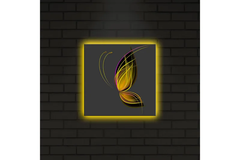 Canvas-taulu LED-valaistuksella 28x28 cm - Elegantti perhonen abstrakteilla viivoilla - Kulta / Violetti / Musta - Sisustustuotteet - Taulu & taide - Canvas-taulu
