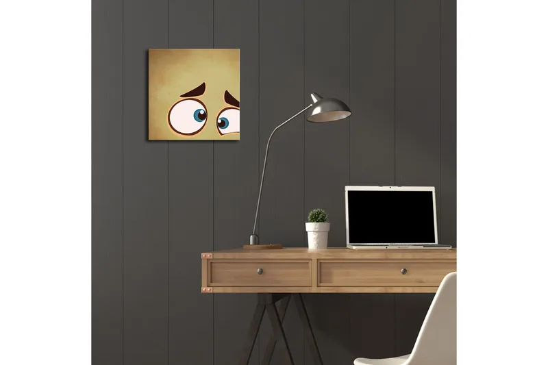Canvas-taulu LED-valaistuksella 28x28 cm - Ilmeikäs kasvot suurilla silmillä ja huolestuneella ilmeellä - Beige / Sininen / Ruskea - Sisustustuotteet - Taulu & taide - Canvas-taulu