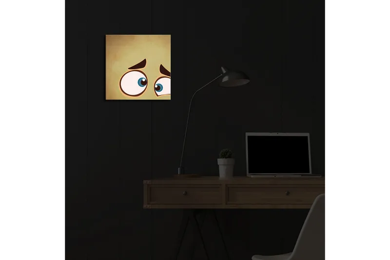Canvas-taulu LED-valaistuksella 28x28 cm - Ilmeikäs kasvot suurilla silmillä ja huolestuneella ilmeellä - Beige / Sininen / Ruskea - Sisustustuotteet - Taulu & taide - Canvas-taulu