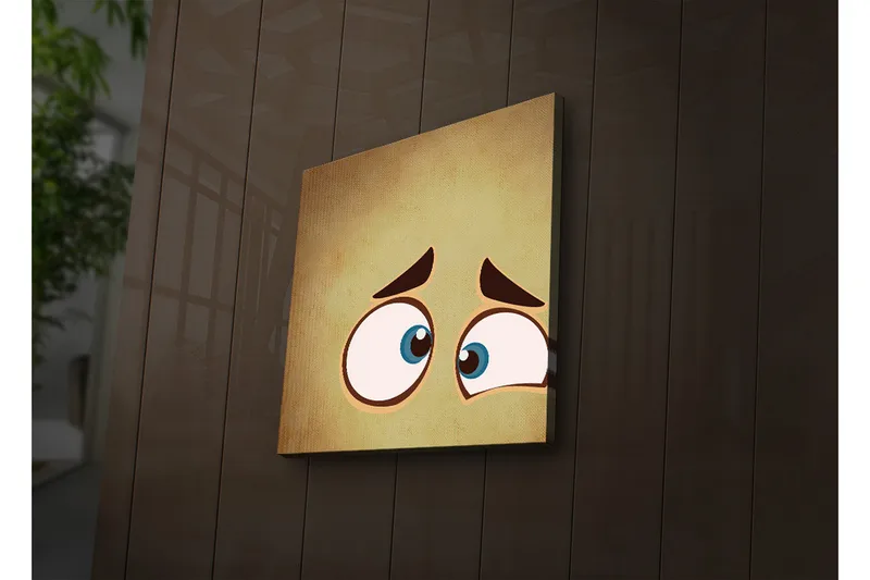 Canvas-taulu LED-valaistuksella 28x28 cm - Ilmeikäs kasvot suurilla silmillä ja huolestuneella ilmeellä, Beige / Sininen / Ruskea