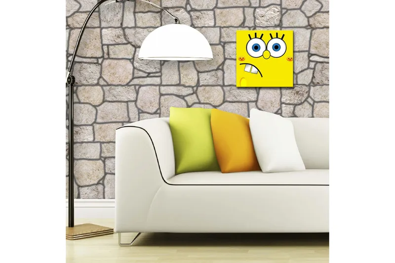 Canvas-taulu LED-valaistuksella 28x28 cm - Iloinen ja ilmeikäs sienihahmo suurilla silmillä - Keltainen / Sininen / Musta - Sisustustuotteet - Taulu & taide - Canvas-taulu